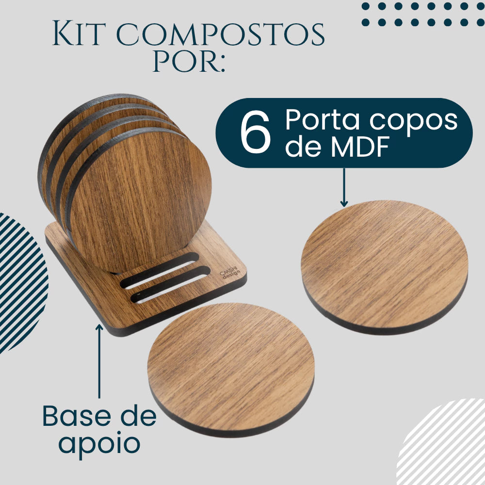Bolacha Porta Copo Madeira Kit com 6 Peças Mais a Base, Porta Copo de Mesa, Descanso de Copo