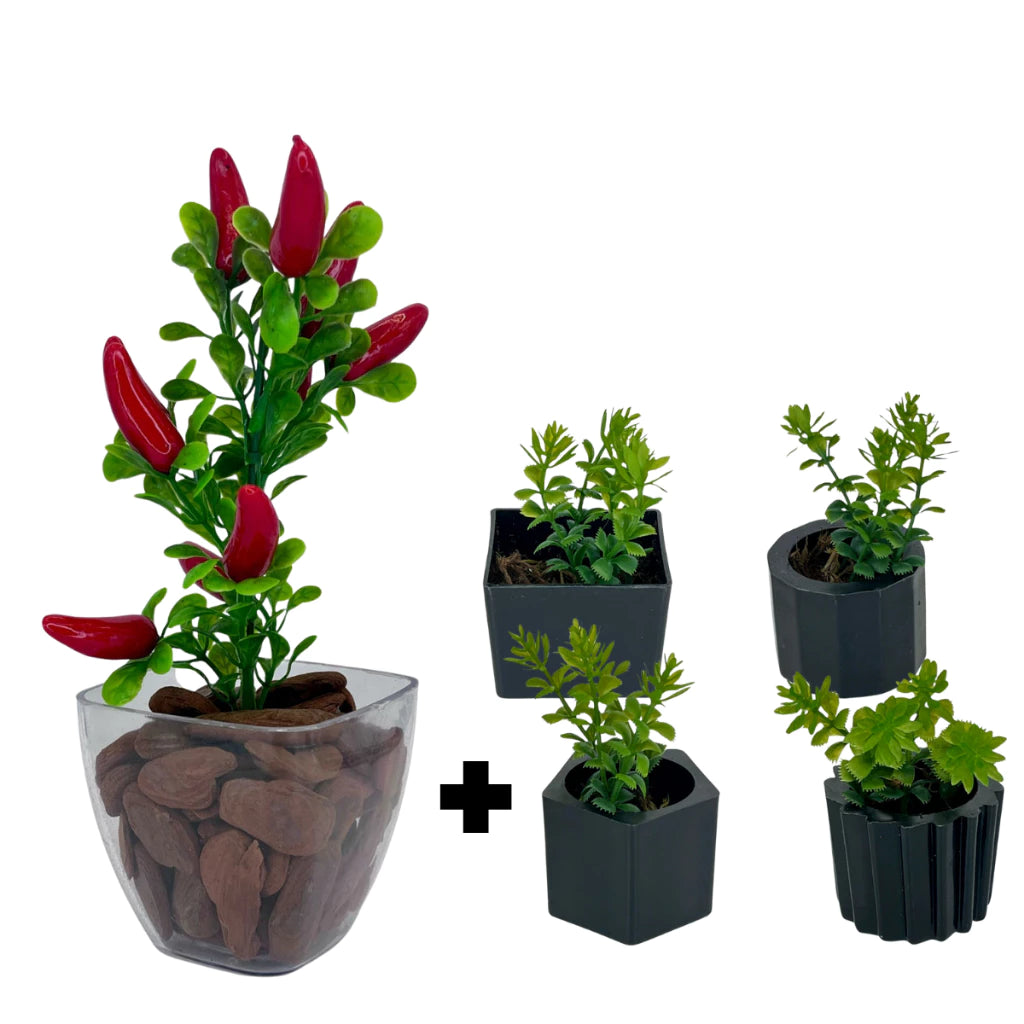 Combo Duas Decorações - Kit 4 Vasinhos + 1 Vaso Médio em Acrílico com Plantas Artificiais