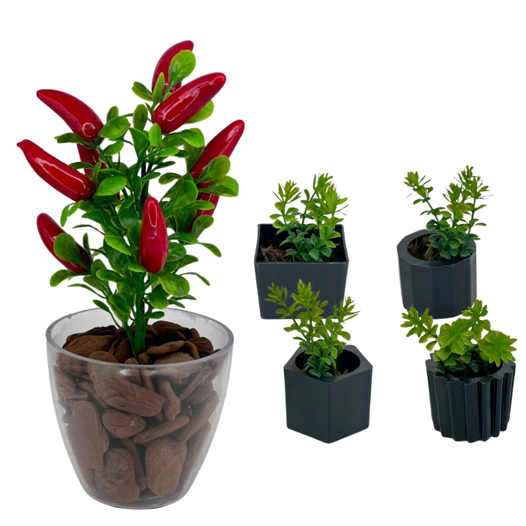 Combo Duas Decorações - Kit 4 Vasinhos + 1 Vaso Médio em Acrílico com Plantas Artificiais