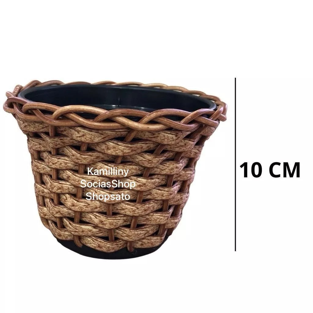 Planta Decorativa + Vaso Trançado Marrom 3 Pendentes Artificial Folhas de Hera e Jiboia
