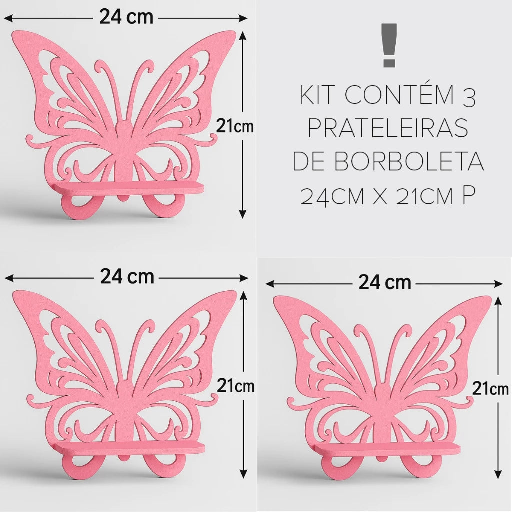 Prateleira Borboleta MDF – Kit 3 Unidades para Quarto de Menina