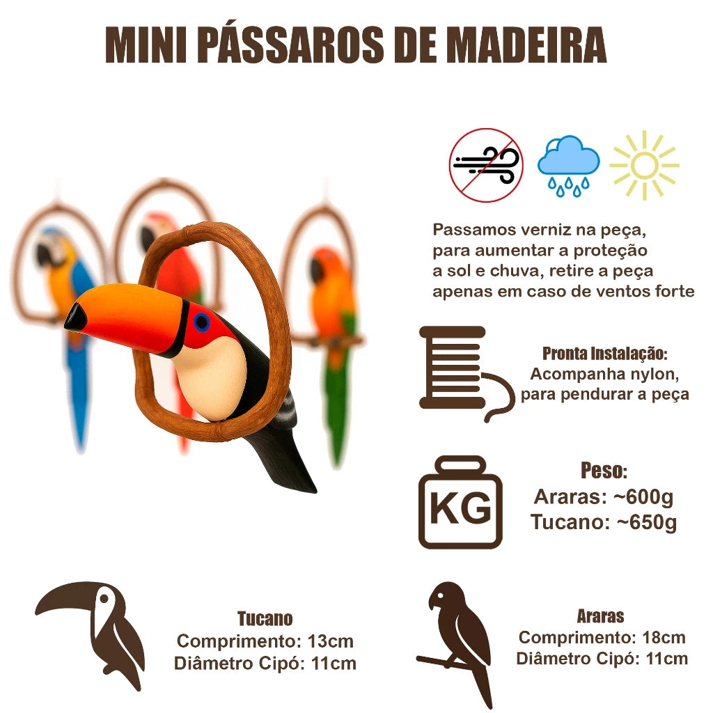 Mini Pássaros Artesanais em Madeira no Cipó – Arara Vermelha ou Tucano