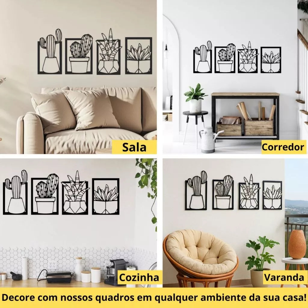 kit 4 Quadros Cacto Vazados Decorativo Para Sala Quarto